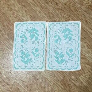2 Vintage Matching Turquoise White Floral Cotton Handkerchiefs 50s